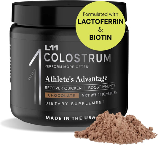 L11 Colostrum Supplement with Lactoferrin, Biotin, Zinc & Vitamin D - 1500mg Bovine Colostrum Powder for Athletic Health, Gut Health, Muscle & Immune Support - Chocolate Flavor, 30 Servings