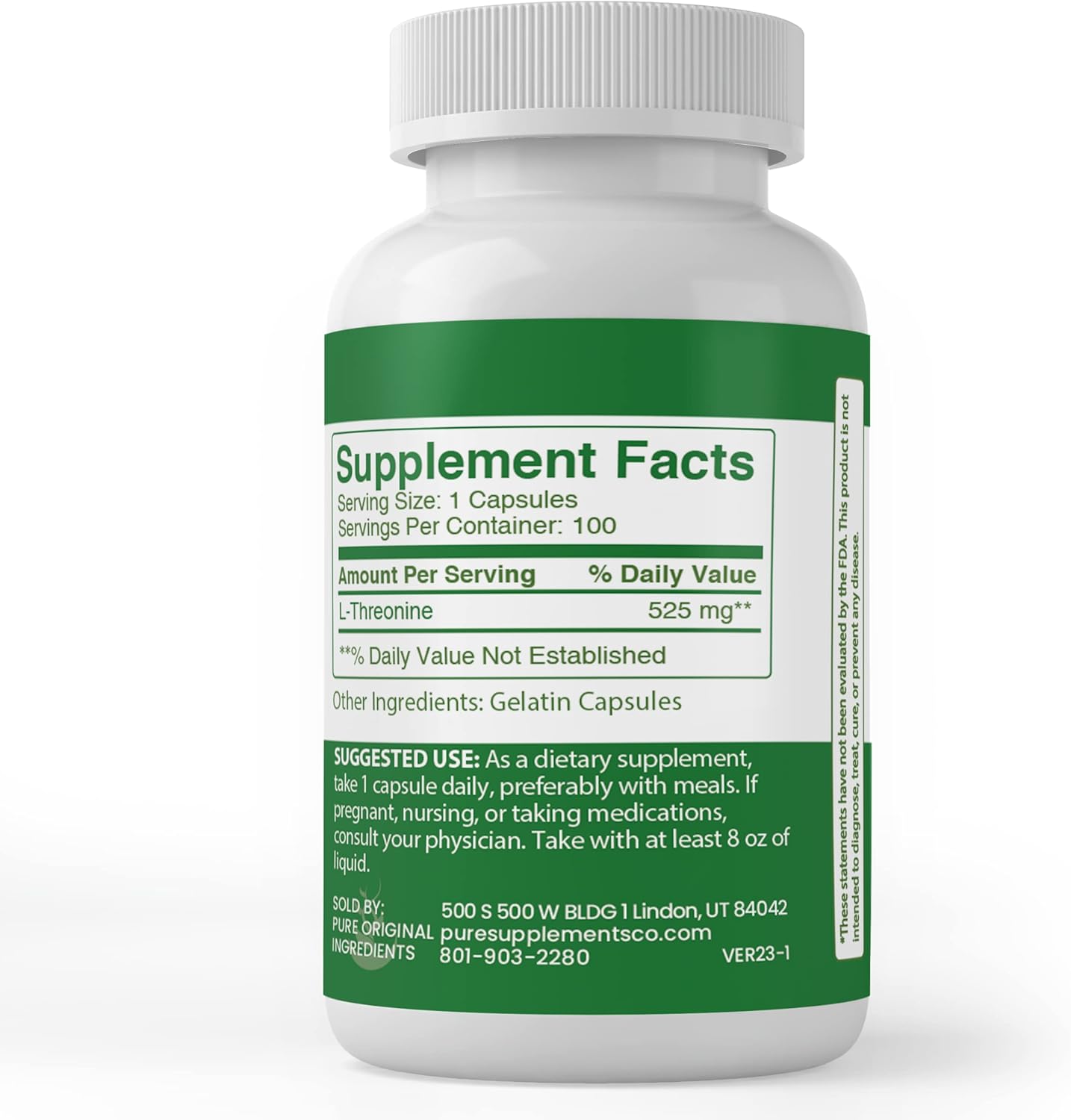 Lab Verified L-Threonine Capsules - Pure Original Ingredients, 100 Capsules, No Additives or Fillers