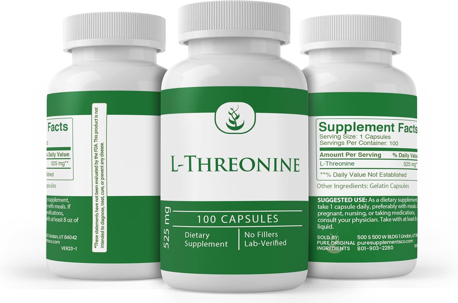 Lab Verified L-Threonine Capsules - Pure Original Ingredients, 100 Capsules, No Additives or Fillers