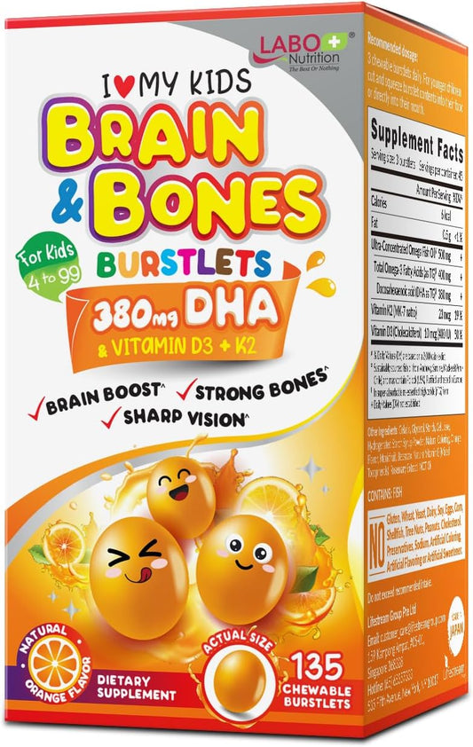 LABO Nutrition Kids Brain & Bones Chewable Burstlet - Gluten Free Omega 3 DHA Fish Oil with Vitamin D3 & K2 for Stronger Bones & Behavioral Management