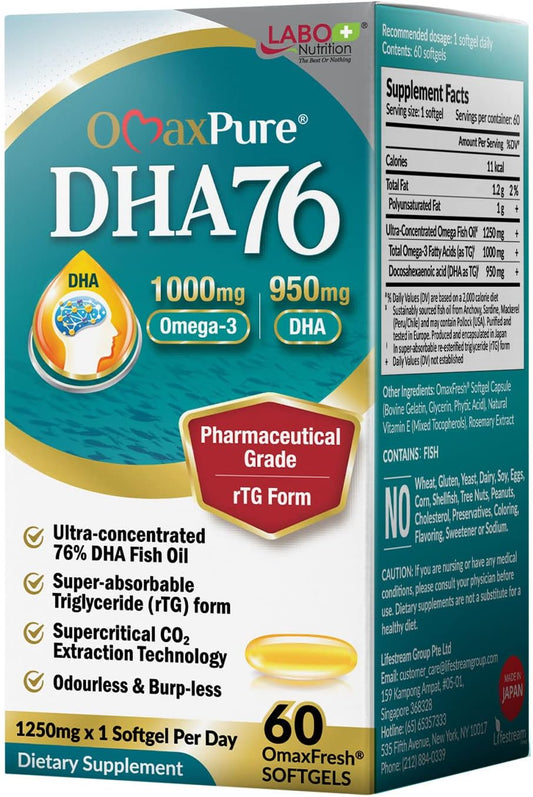 LABO Nutrition OmaxPure DHA76 Omega-3 Fish Oil 950mg, 60 Count - Pharmaceutical Grade, Supercritical CO2 Extracted rTG Formula for Heart, Joint, Brain & Immune Health