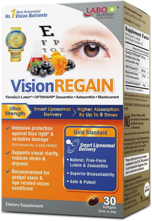 LABO Nutrition VisionREGAIN Softgels - Enhanced Absorption, 20mg Lutein, Zeaxanthin, Krill Oil, Astaxantin for Eye Health
