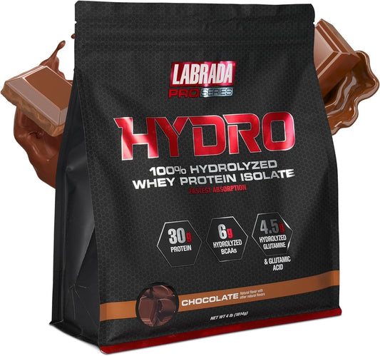 Labrada Hydro 100% Pure Hydrolyzed Whey Protein Isolate Powder - Lactose Free, Fast Digesting, Chocolate Flavor - 47 Servings, 4lb
