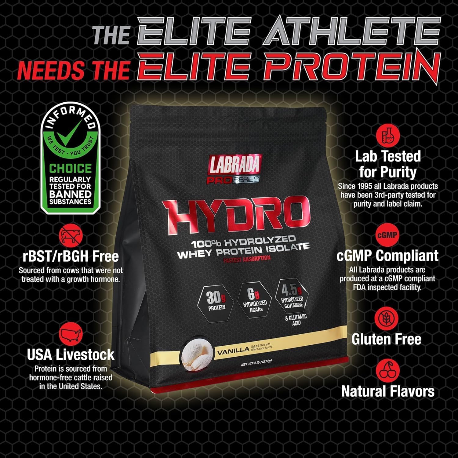 Labrada Hydro 100% Pure Hydrolyzed Whey Protein Isolate Powder - Lactose Free, Fast Digesting, Delicious Vanilla Flavor - 48 Servings 4lb