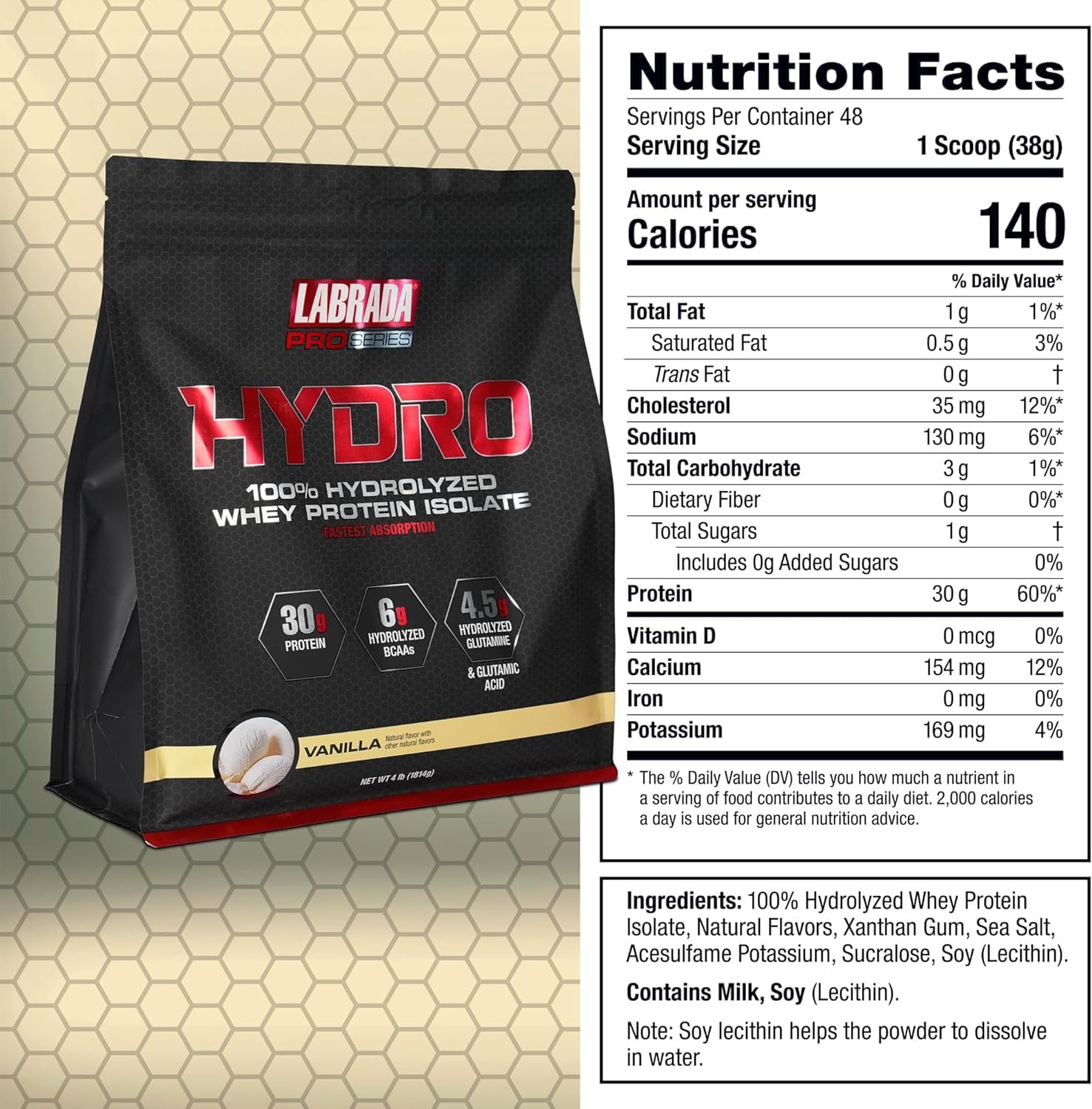 Labrada Hydro 100% Pure Hydrolyzed Whey Protein Isolate Powder - Lactose Free, Fast Digesting, Delicious Vanilla Flavor - 48 Servings 4lb