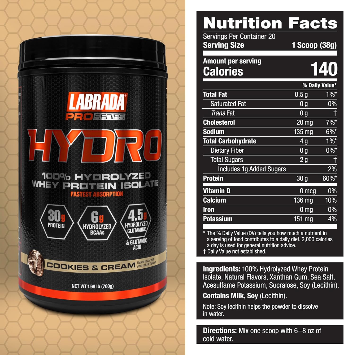 Labrada Hydro 100% Pure Whey Protein Isolate Powder - Lactose Free, High BCAA & Glutamine, Fast Digesting, 20 Servings (Cookies & Cream)
