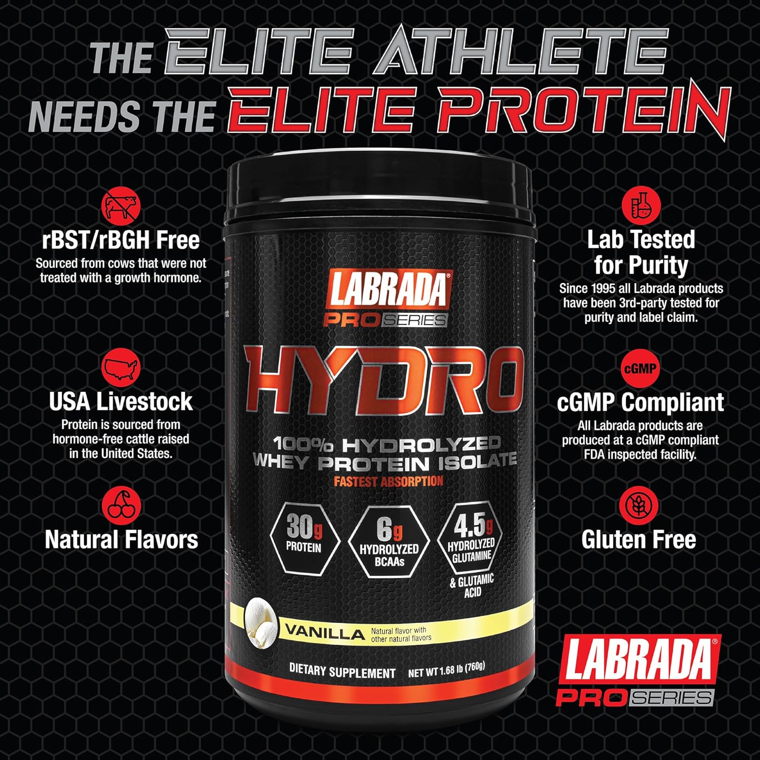 Labrada Hydro Whey Protein Isolate Powder - 100% Pure, Lactose Free, High BCAA & Glutamine, Fast Digesting, Delicious Vanilla Flavor - 20 Servings