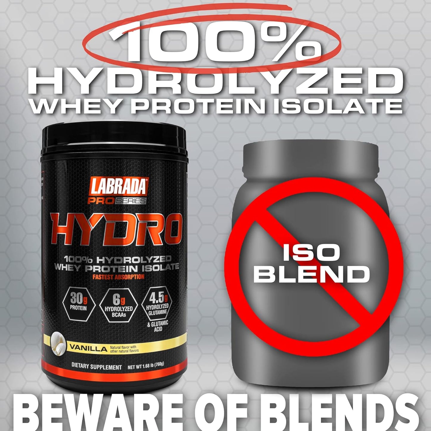 Labrada Hydro Whey Protein Isolate Powder - 100% Pure, Lactose Free, High BCAA & Glutamine, Fast Digesting, Delicious Vanilla Flavor - 20 Servings