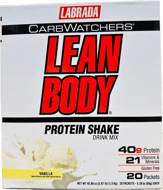 Labrada Lean Body Carb Watchers Vanilla Meal Replacement Shake - High Protein Whey Blend with Healthy Fats & Fiber, 22 Vitamins and Minerals, Gluten Free (20 Packets)