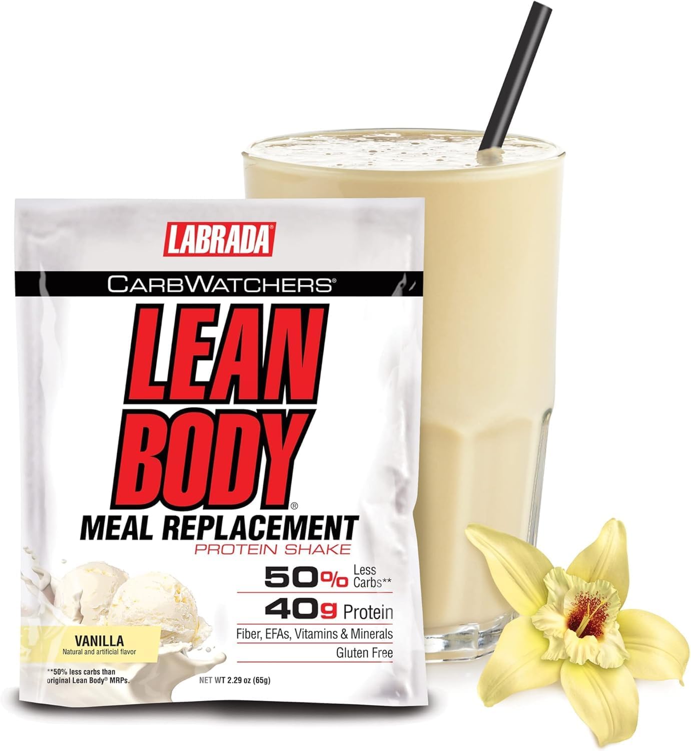 Labrada Lean Body Carb Watchers Vanilla Meal Replacement Shake - High Protein Whey Blend with Healthy Fats & Fiber, 22 Vitamins and Minerals, Gluten Free (20 Packets)