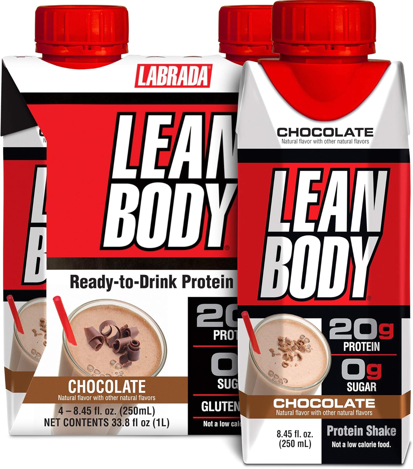 Labrada Lean Body Chocolate Shake: 20g Protein, Whey Blend, 0 Sugar, Gluten Free, 22 Vitamins, Recyclable Carton - 4 Pack