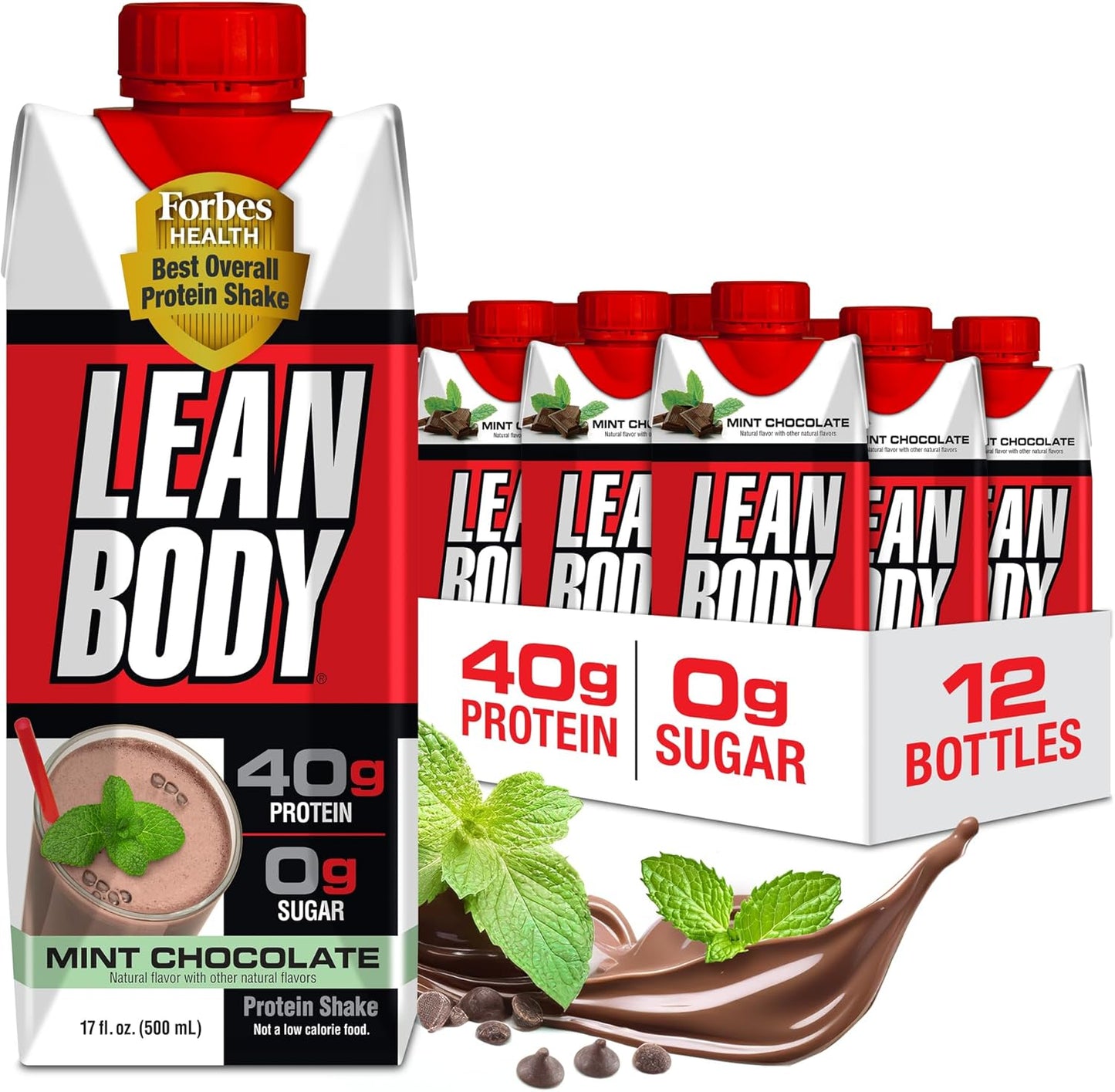 Labrada Lean Body Mint Chocolate Protein Shake - 40g Protein, Whey Blend, Gluten Free, 0 Sugar, 22 Vitamins & Minerals - Pack of 12