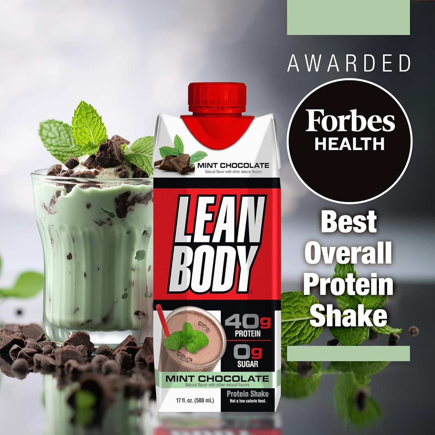 Labrada Lean Body Mint Chocolate Protein Shake - 40g Protein, Whey Blend, Gluten Free, 0 Sugar, 22 Vitamins & Minerals - Pack of 12