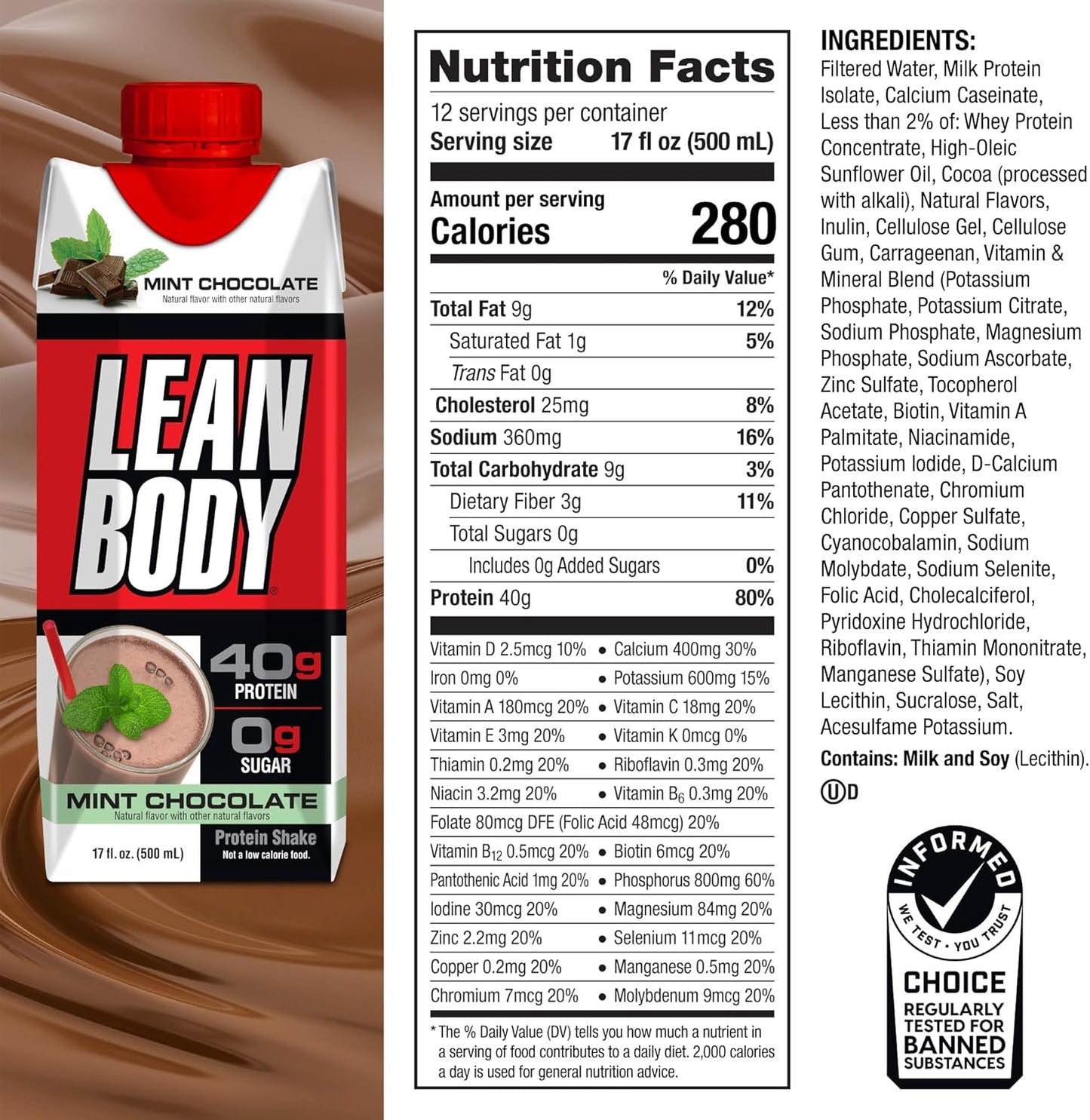 Labrada Lean Body Mint Chocolate Protein Shake - 40g Protein, Whey Blend, Gluten Free, 0 Sugar, 22 Vitamins & Minerals - Pack of 12