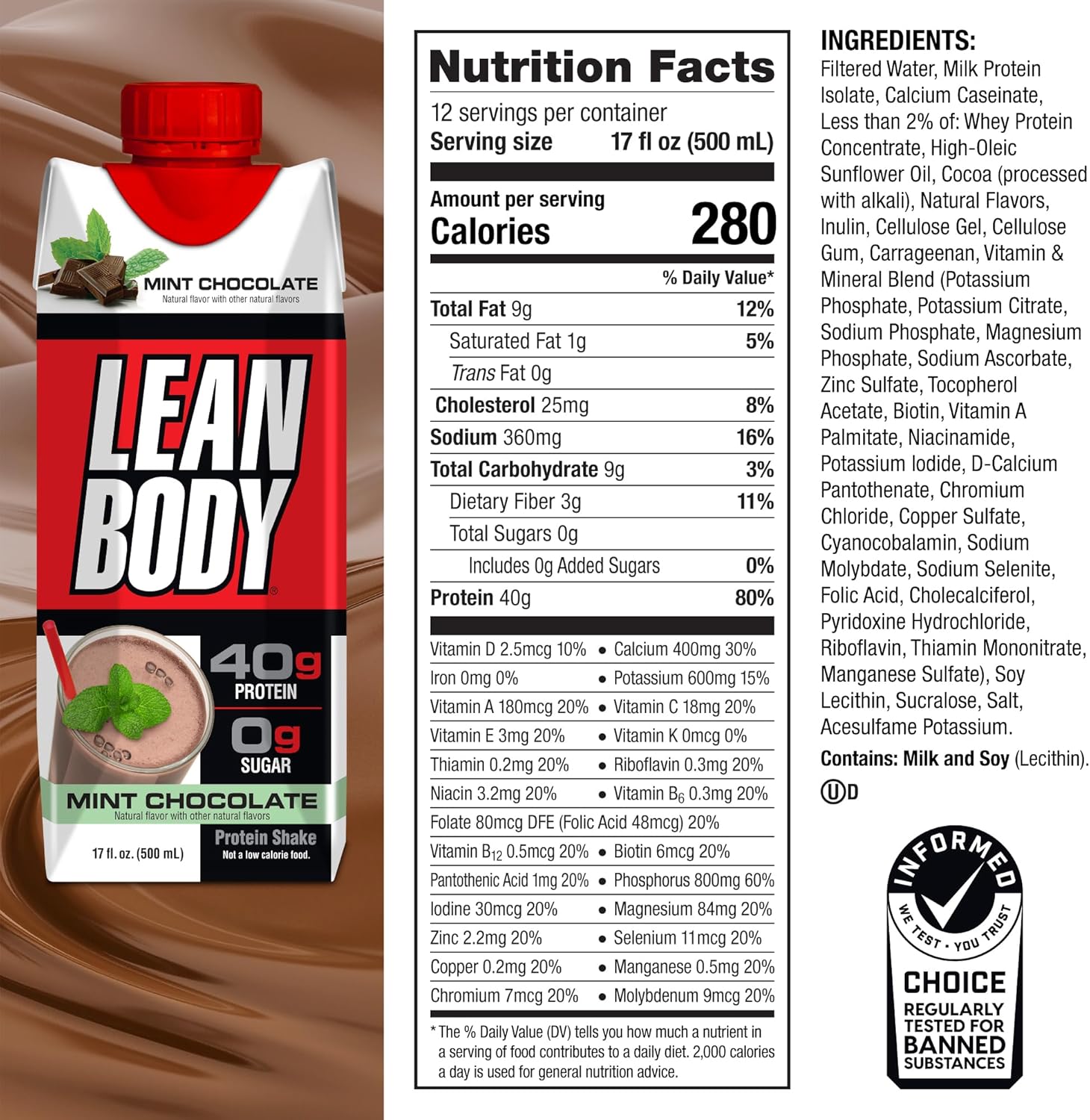 Labrada Lean Body Mint Chocolate Protein Shake - 40g Protein, Whey Blend, Gluten Free, 0 Sugar, 22 Vitamins & Minerals - Pack of 12