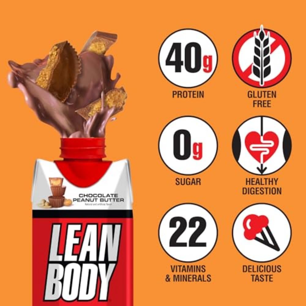 LABRADA Lean Body Protein Shake - Chocolate Peanut Butter Flavor - 40g Protein, Whey Blend, 0 Sugar, Gluten Free - 12 Pack of Recyclable Cartons & Lids, 22 Vitamins & Minerals