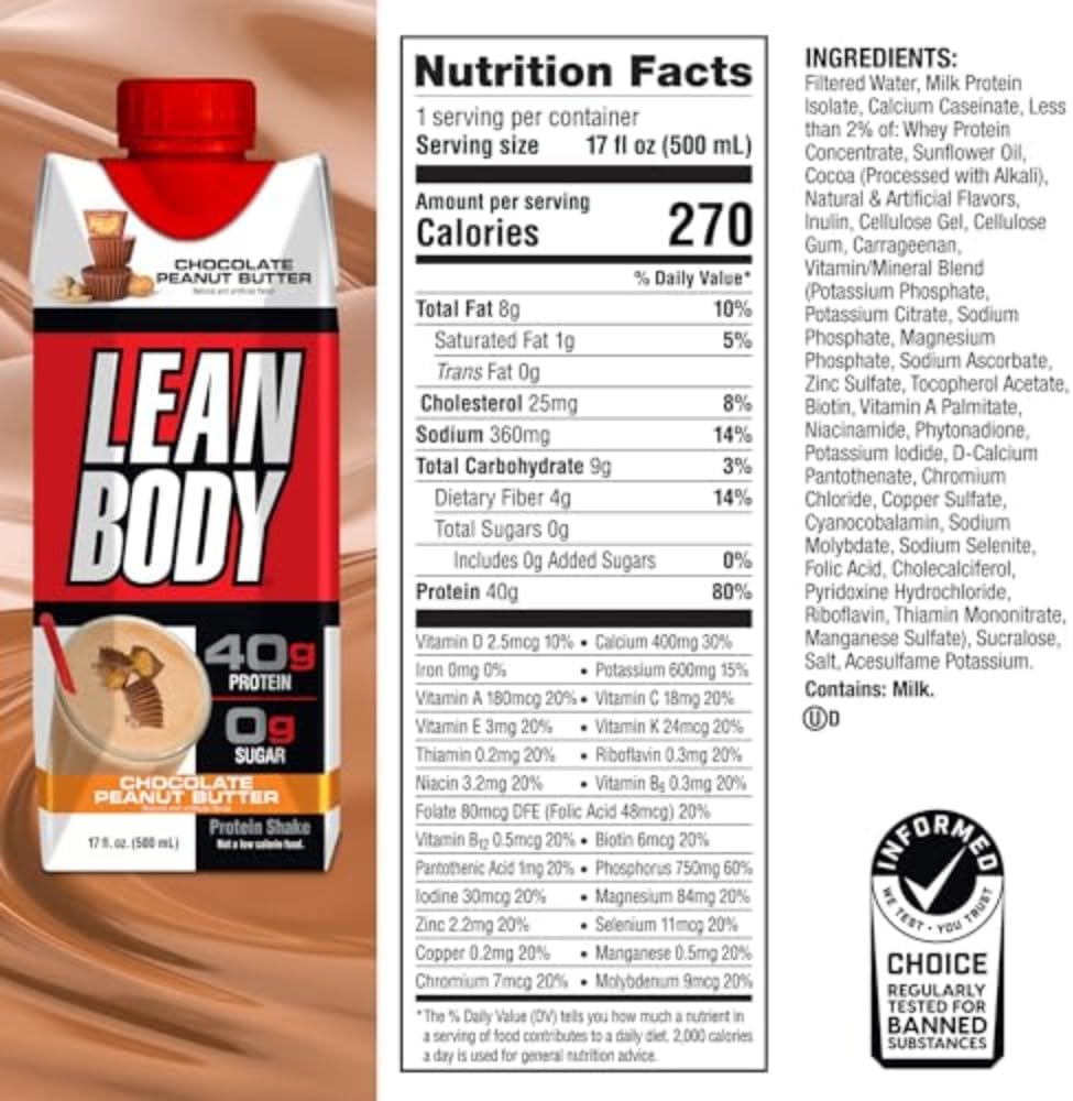 LABRADA Lean Body Protein Shake - Chocolate Peanut Butter Flavor - 40g Protein, Whey Blend, 0 Sugar, Gluten Free - 12 Pack of Recyclable Cartons & Lids, 22 Vitamins & Minerals