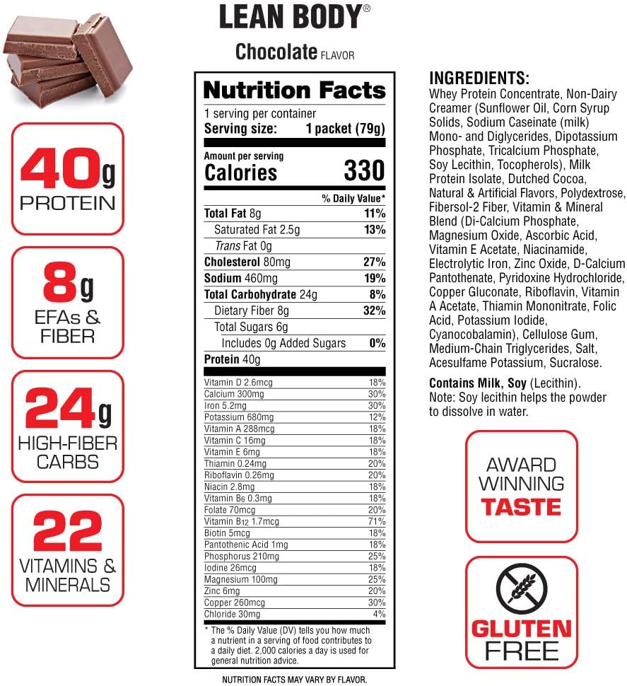 Labrada Nutrition Lean Body Chocolate Hi-Protein Meal Replacement Shake Packets - 20 Pack, 2.78 oz