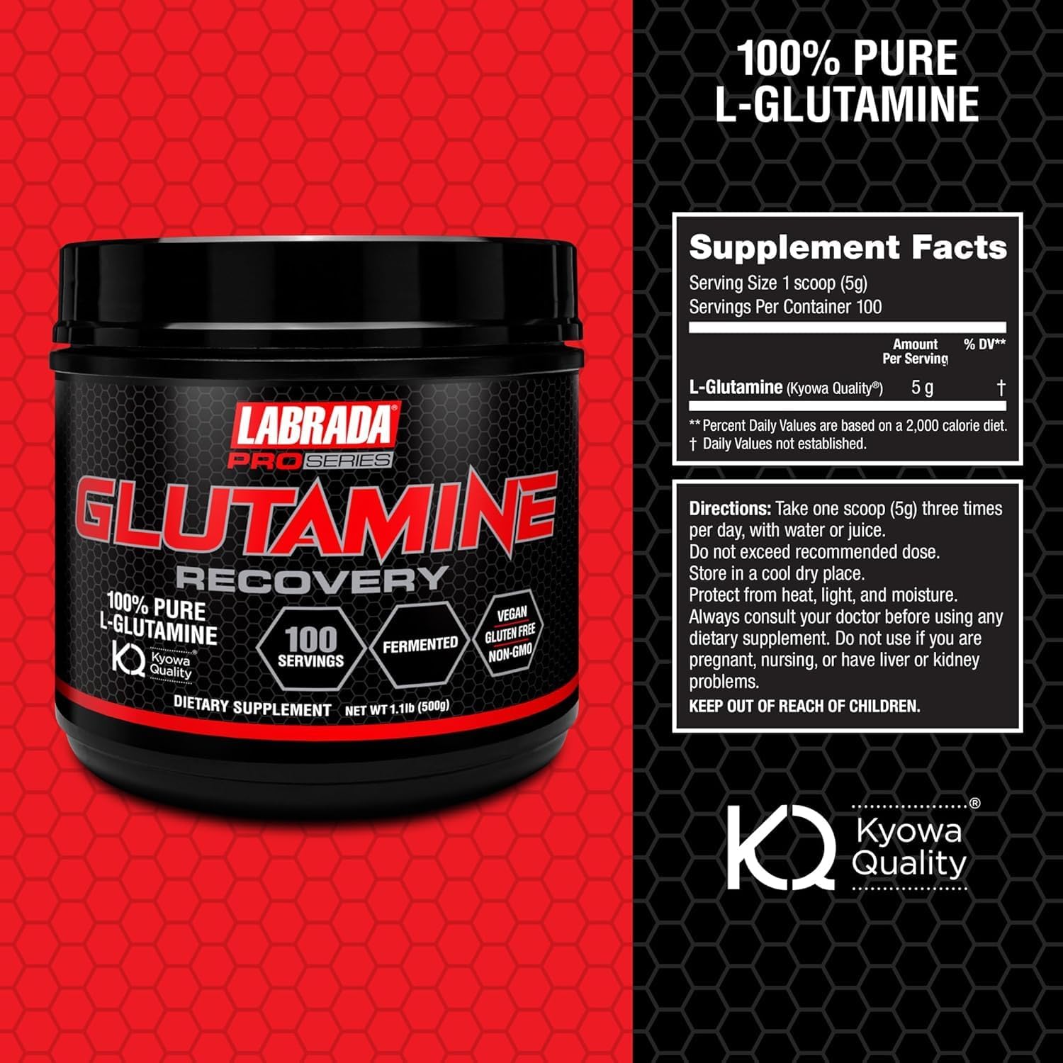 Labrada Pro Series Glutamine Recovery Powder - 100 Servings, 500g - Muscle Recovery and Growth Supplement
