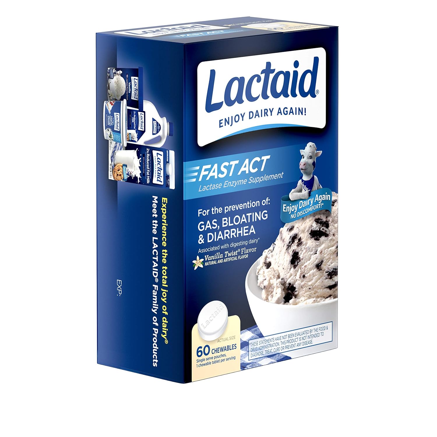 LACTAID Fast Acting Vanilla Twist Chewables - 60 ea (Pack of 3) - Lactose Intolerance Relief