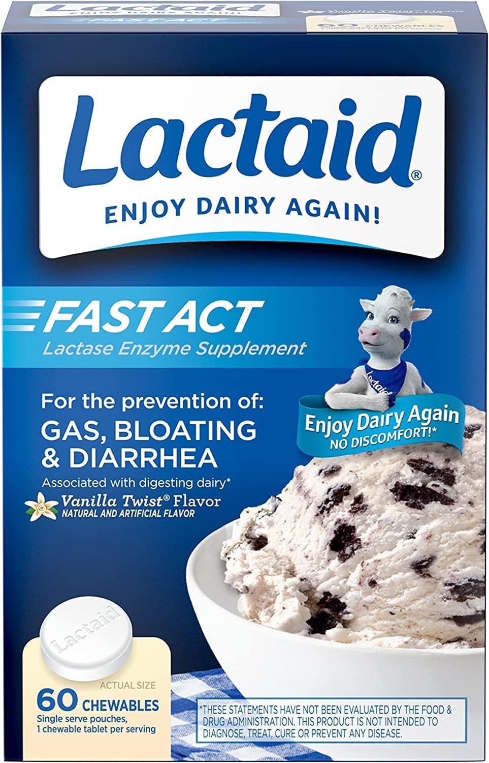 Lactaid Fast-Acting Vanilla Twist Lactase Enzyme Chewables - 60 Packs of 1 Count