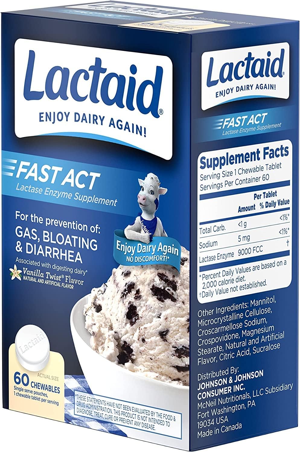 Lactaid Fast-Acting Vanilla Twist Lactase Enzyme Chewables - 60 Packs of 1 Count