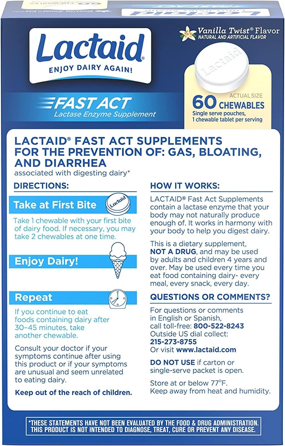 Lactaid Fast-Acting Vanilla Twist Lactase Enzyme Chewables - 60 Packs of 1 Count