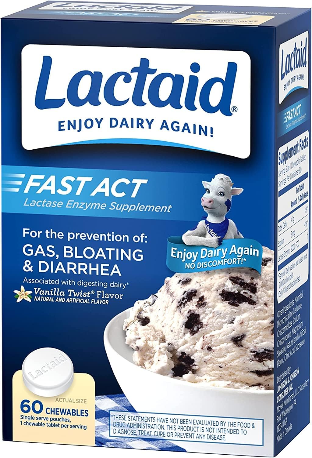 Lactaid Fast-Acting Vanilla Twist Lactase Enzyme Chewables - 60 Packs of 1 Count