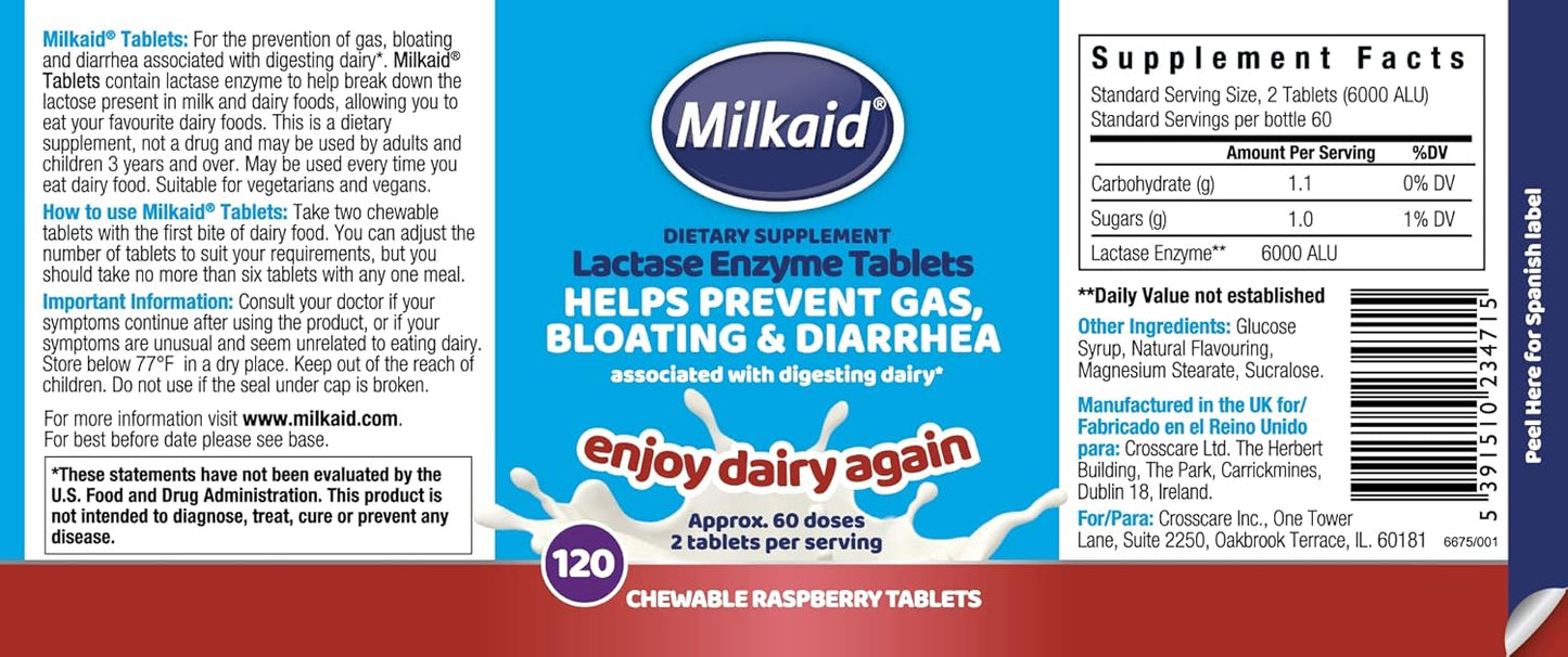 Lactase Enzyme Drops & Tablets for Lactose Intolerance Relief - Prevents Gas, Bloating, and Diarrhea - Dairy Digestive Supplement - 0.5 Fl Oz & 120 Raspberry Flavored Tablets