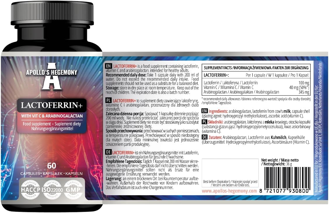 Lactoferrin+ 100mg Capsules with Vitamin C and Arabinogalactan for Immunity and Iron Absorption - 60 Vegan Capsules