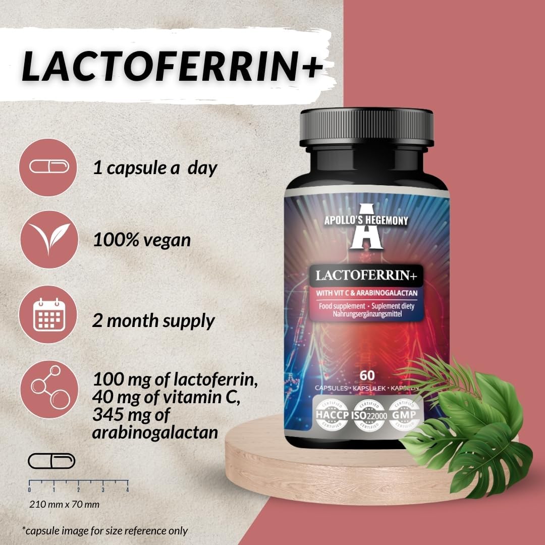 Lactoferrin+ 100mg Capsules with Vitamin C and Arabinogalactan for Immunity and Iron Absorption - 60 Vegan Capsules