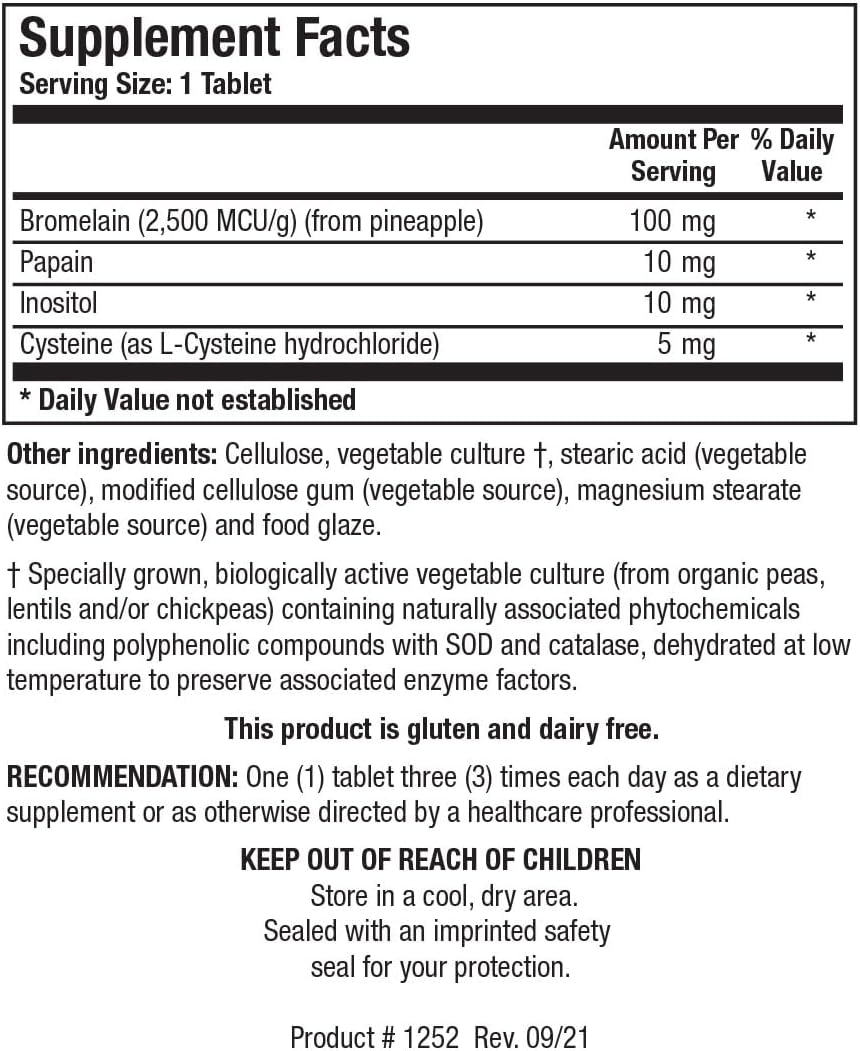 Lactose-Free Digestive Support with Bromelain & Papain for Healthy Physiological Pathways & Muscle Comfort - 100 Tablets