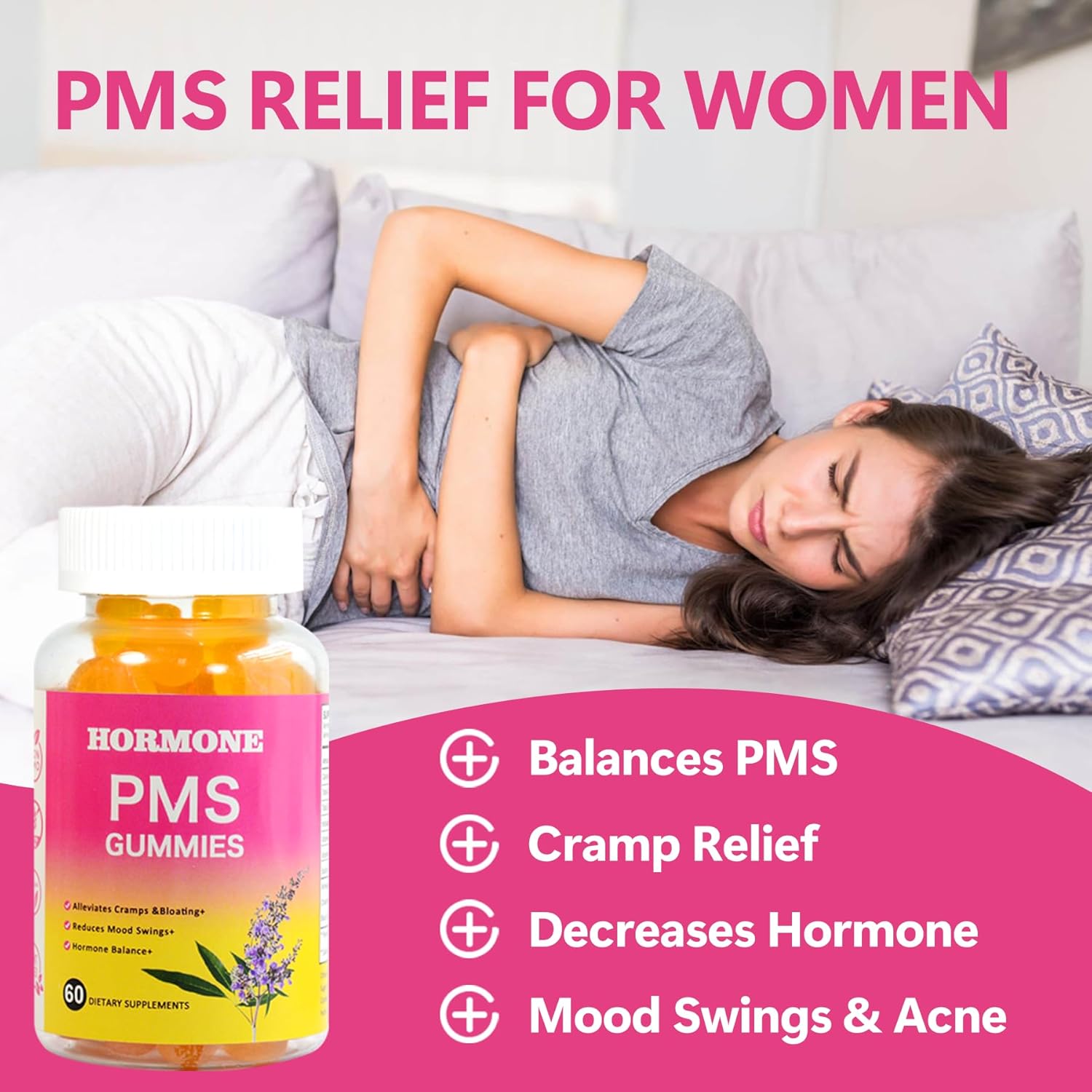 Laicuherb PMS Gummies - 60 Count Vegan Supplement for Women's Hormone Balance and Menstrual Relief with Chasteberry & Vitamin B6