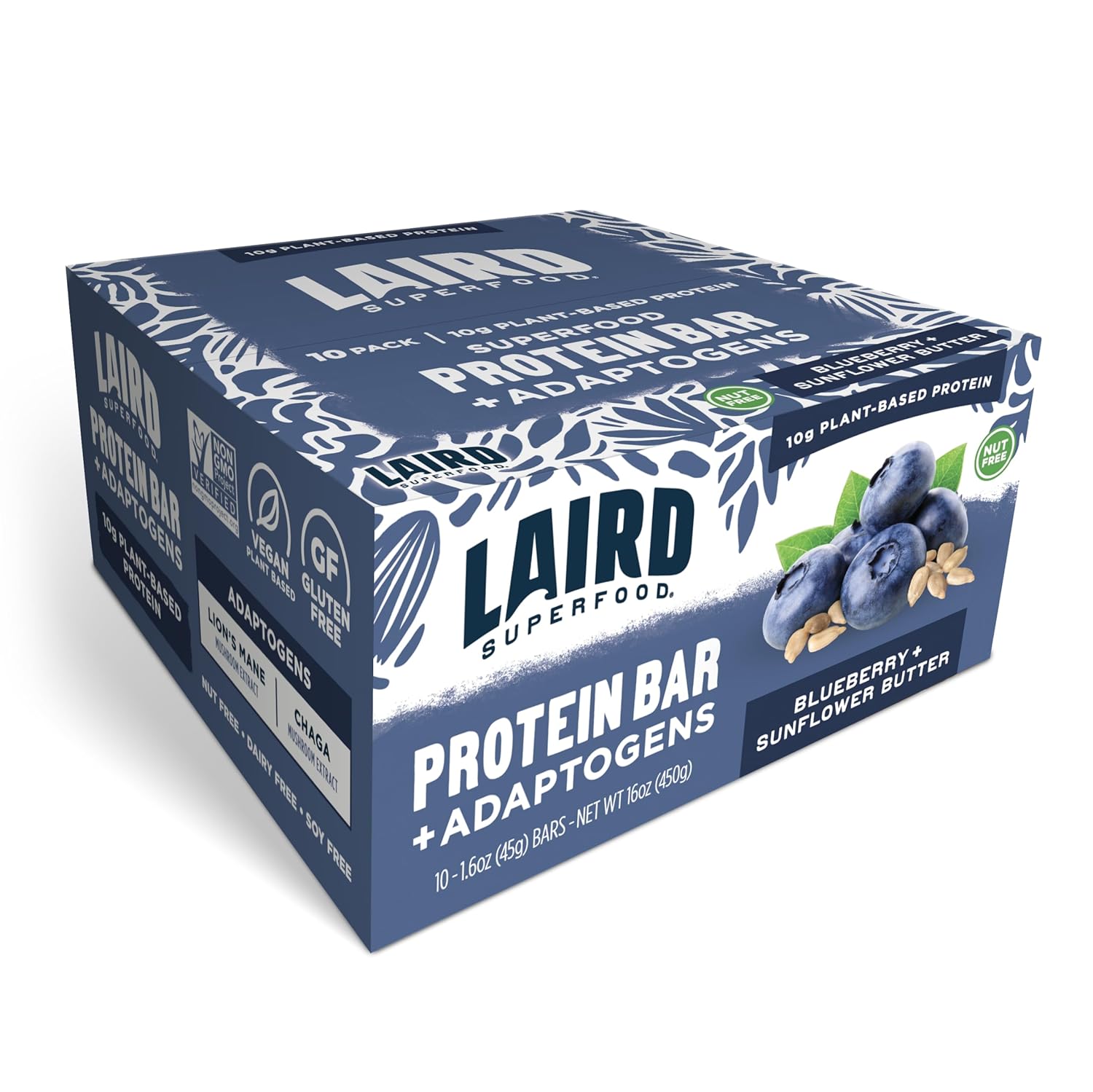 Laird Superfood Blueberry Sunflower Butter Protein Bars with Functional Mushrooms - 10g Plant-Based Protein, 6g Fiber, Real Ingredients - 10 Count Pack