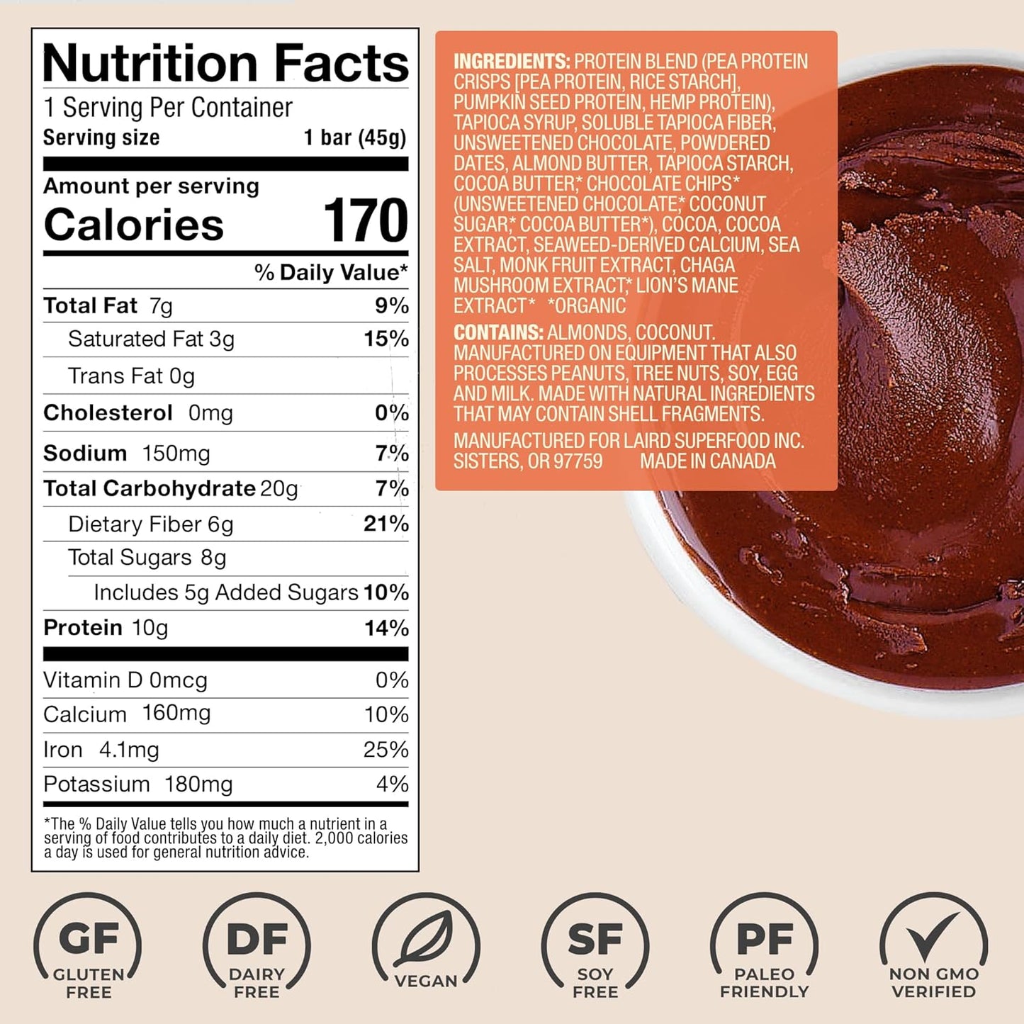 Laird Superfood Dark Chocolate Sea Salt Protein Bars - Plant-Based, Functional Mushrooms, Real Ingredients - 10g Protein, 6g Fiber - Non-GMO - 10 Count Pack