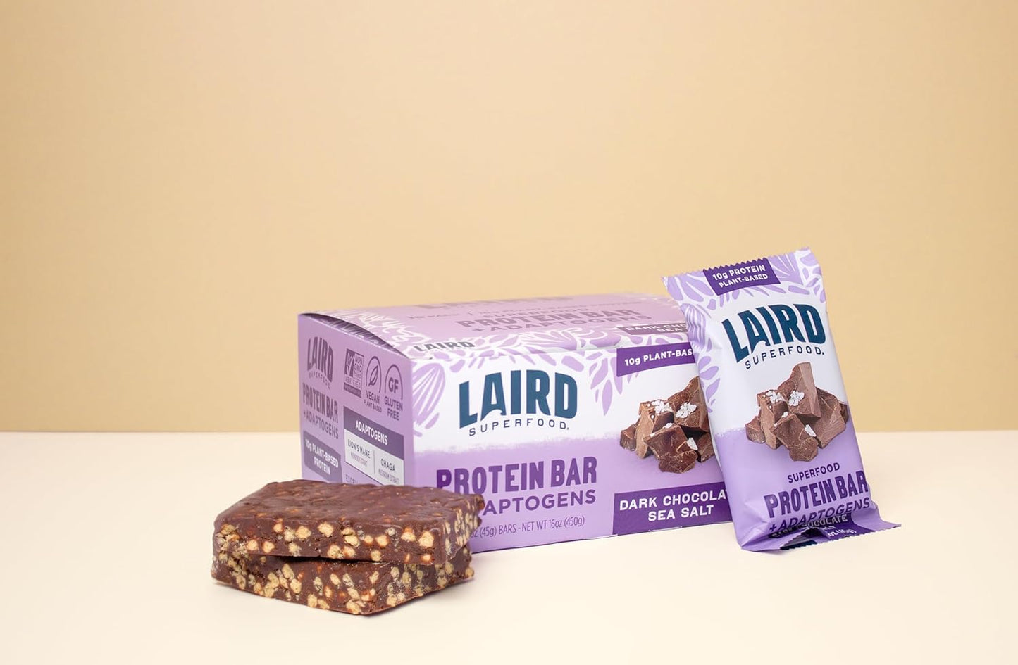 Laird Superfood Dark Chocolate Sea Salt Protein Bars - Plant-Based, Functional Mushrooms, Real Ingredients - 10g Protein, 6g Fiber - Non-GMO - 10 Count Pack