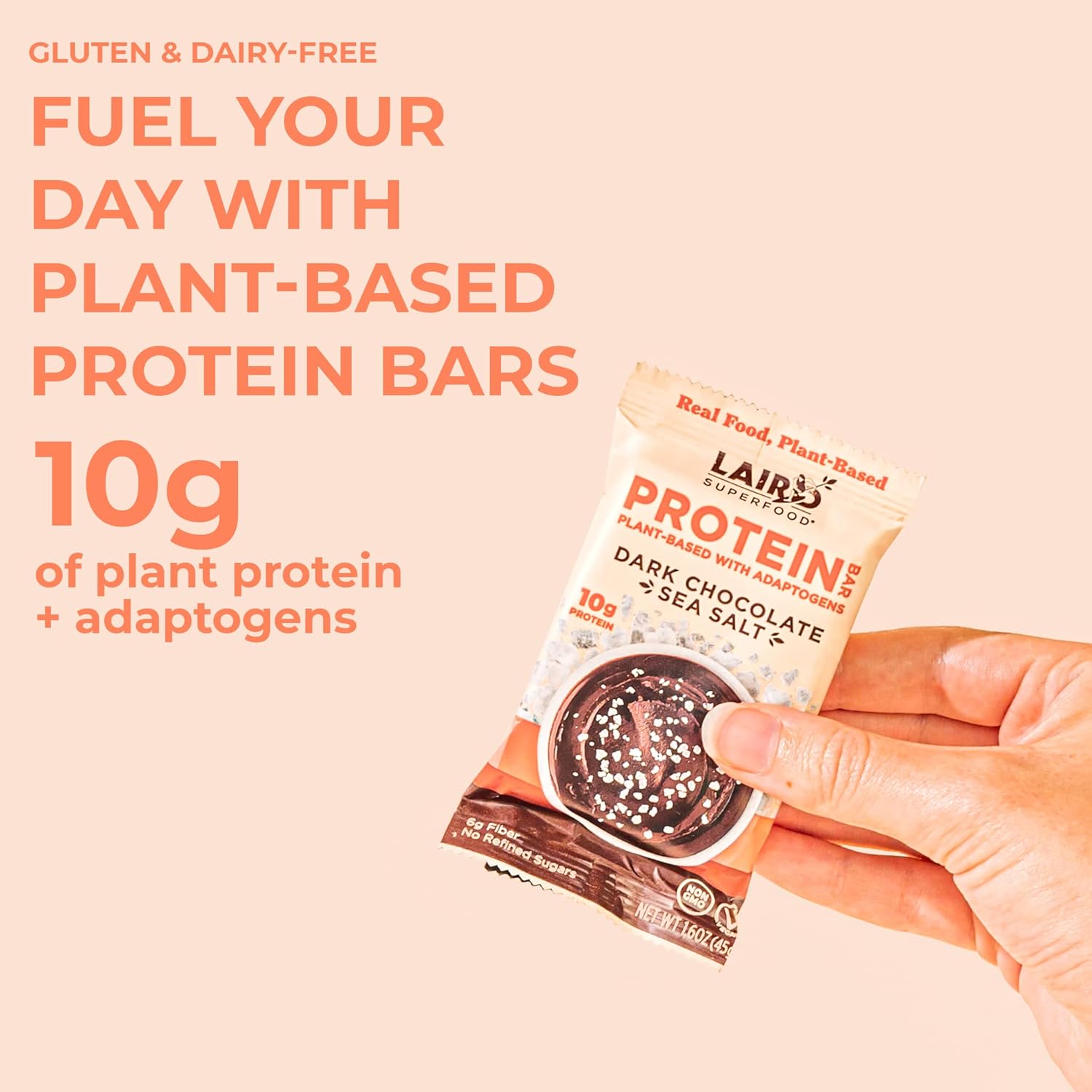 Laird Superfood Dark Chocolate Sea Salt Protein Bars - Plant-Based, Functional Mushrooms, Real Ingredients - 10g Protein, 6g Fiber - Non-GMO - 10 Count Pack