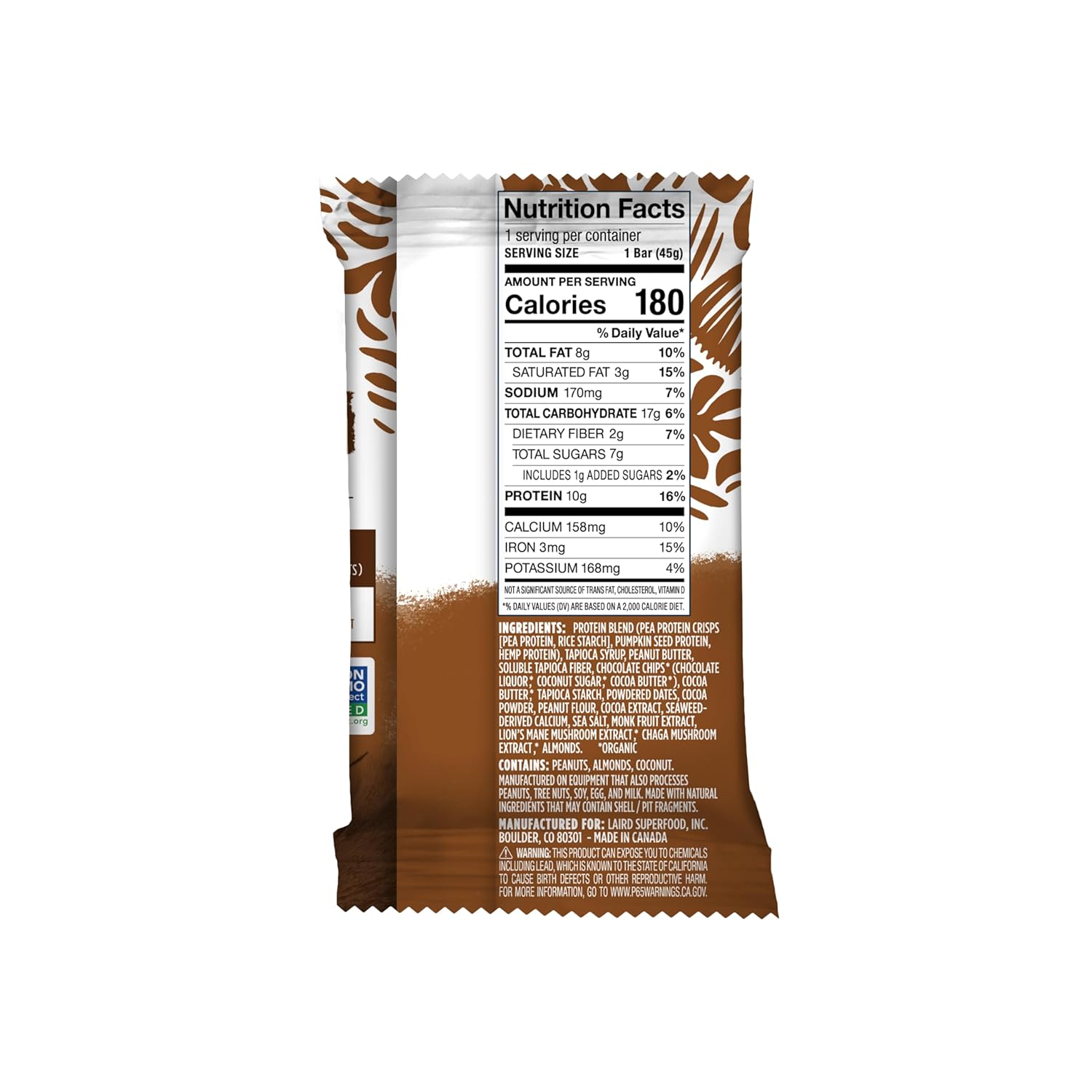 Laird Superfood Double Chocolate Peanut Butter Protein Bars - Plant-Based with Real Ingredients, Functional Mushrooms - 10g Protein, 6g Fiber - 10 Count Pack