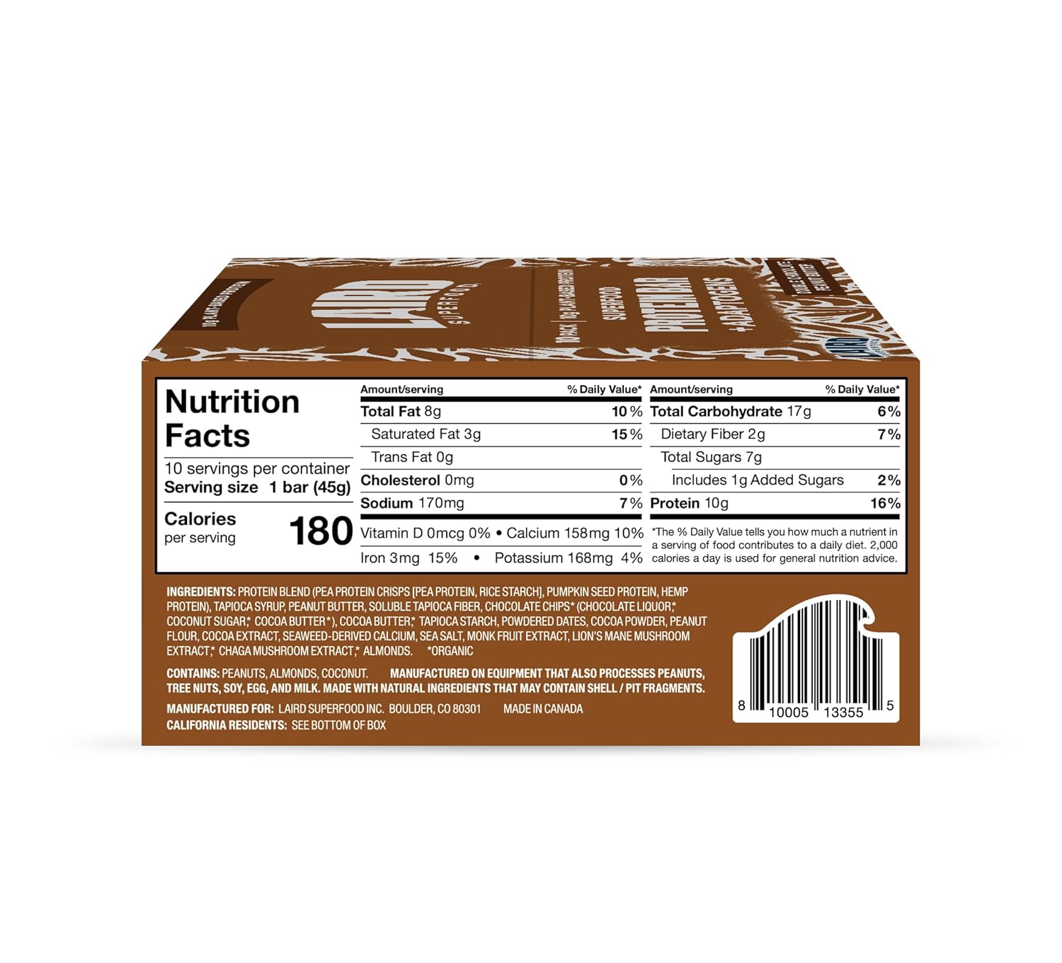 Laird Superfood Double Chocolate Peanut Butter Protein Bars - Plant-Based with Real Ingredients, Functional Mushrooms - 10g Protein, 6g Fiber - 10 Count Pack