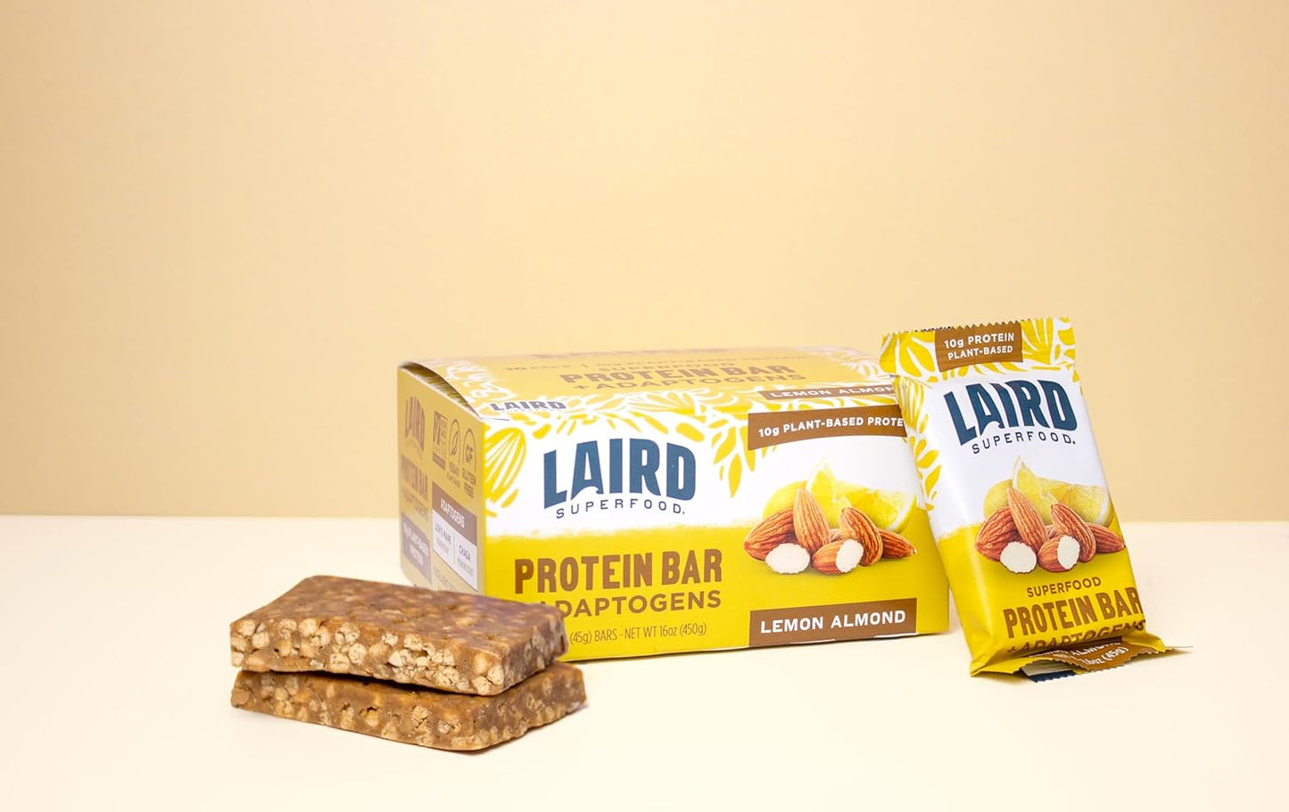 Laird Superfood Lemon Almond Protein Bars - Plant-Based Protein with Real Ingredients, Functional Mushrooms, 10g Protein, 6g Fiber, Non-GMO - 10 Count