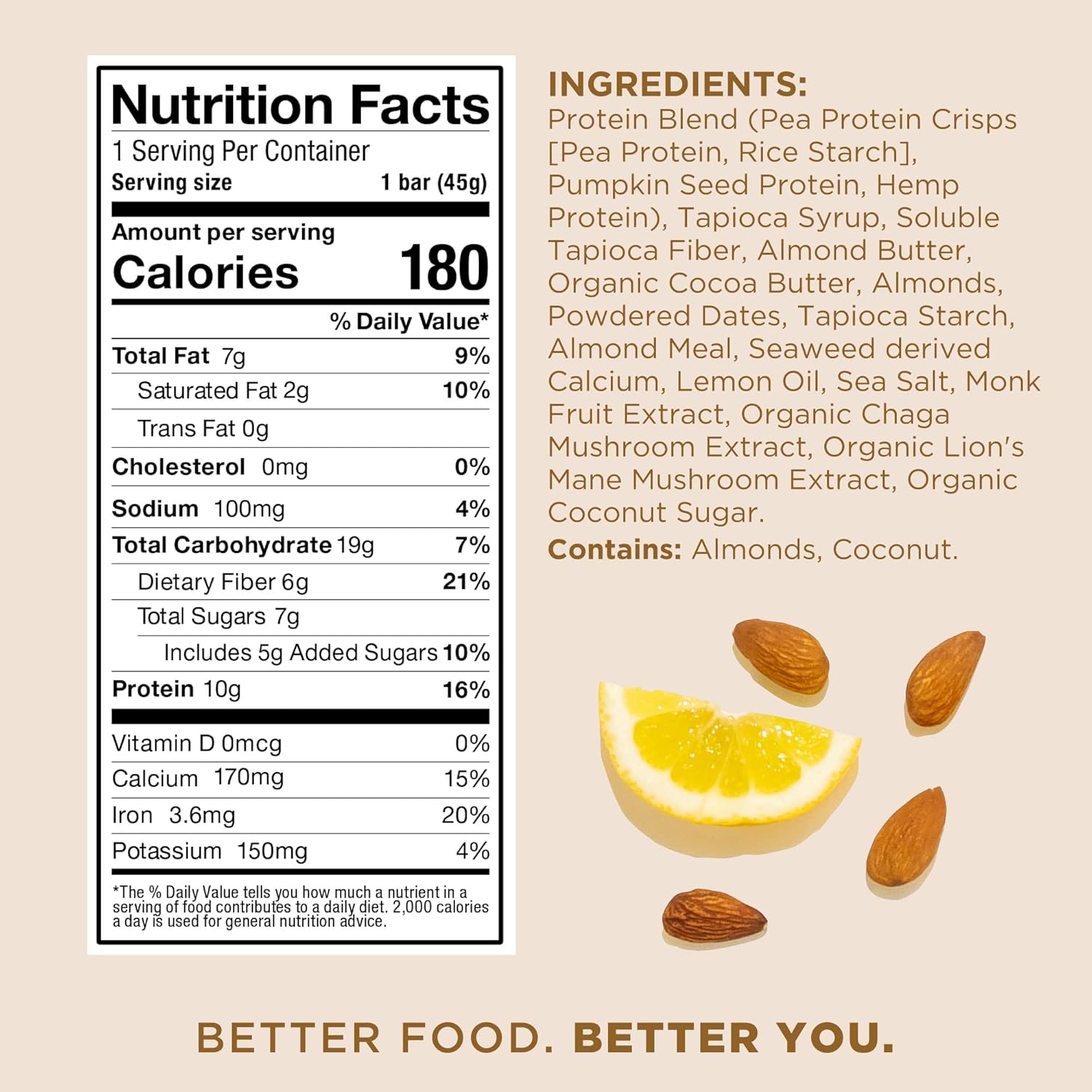 Laird Superfood Lemon Almond Protein Bars - Plant-Based Protein with Real Ingredients, Functional Mushrooms, 10g Protein, 6g Fiber, Non-GMO - 10 Count