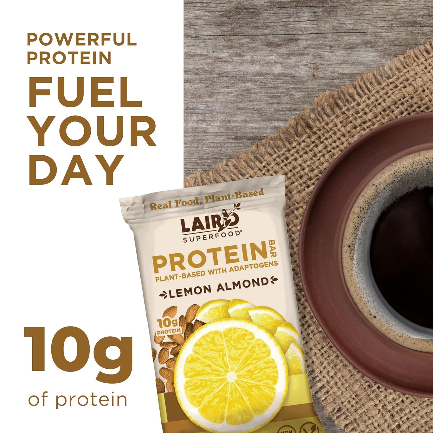 Laird Superfood Lemon Almond Protein Bars - Plant-Based Protein with Real Ingredients, Functional Mushrooms, 10g Protein, 6g Fiber, Non-GMO - 10 Count