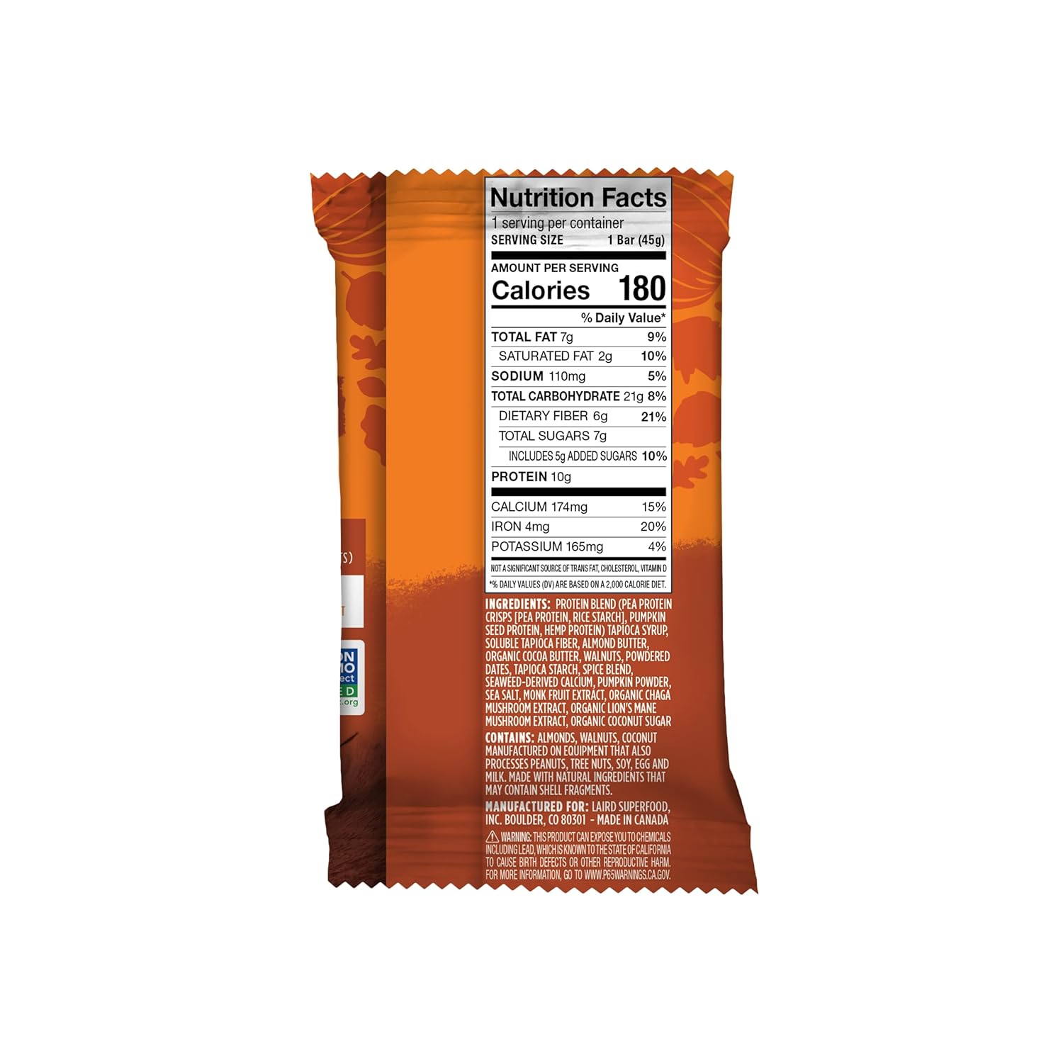 Laird Superfood Plant-Based Protein Bars with Functional Mushrooms - Real Ingredients, 10g Protein, 6g Fiber, Non-GMO - Pumpkin, 10 Count