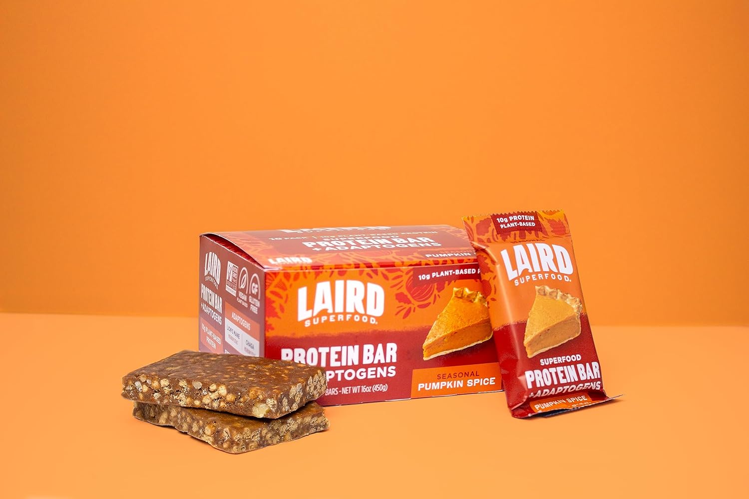 Laird Superfood Plant-Based Protein Bars with Functional Mushrooms - Real Ingredients, 10g Protein, 6g Fiber, Non-GMO - Pumpkin, 10 Count