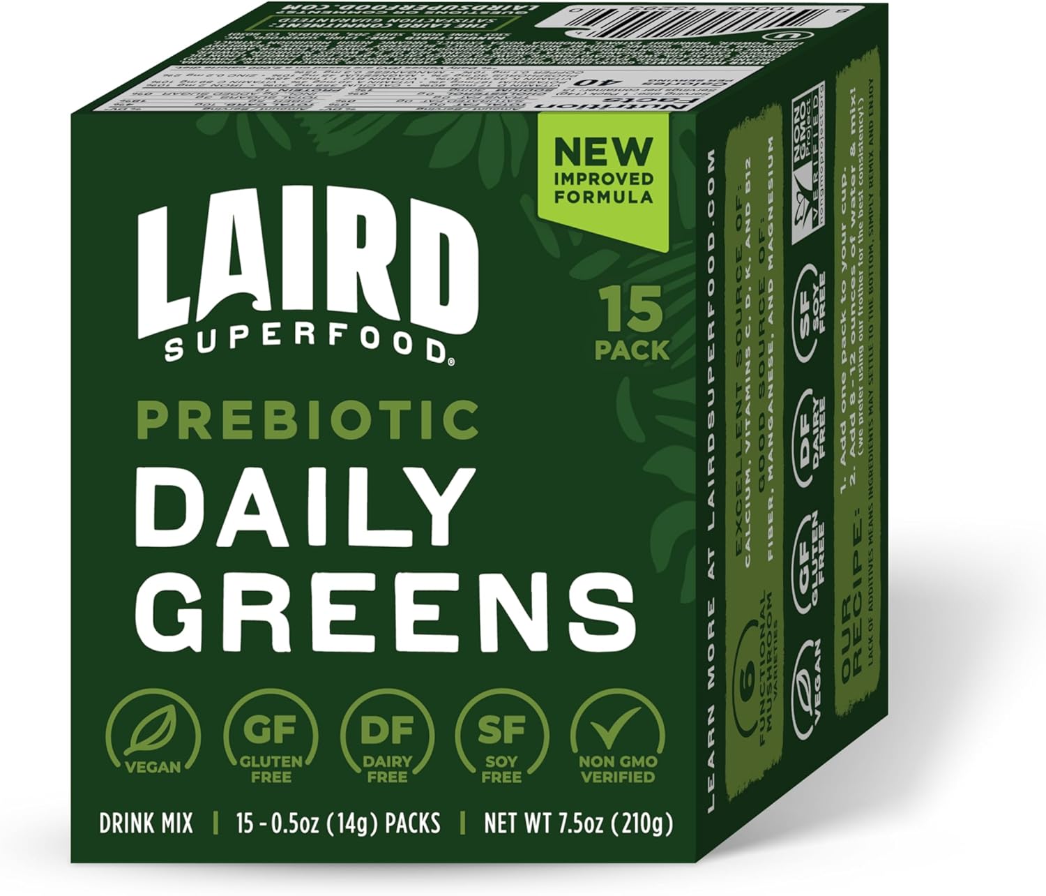 Laird Superfood Prebiotic Greens Powder Sachets - 15 Pack Single Serve - Essential Nutrients, Fiber, Adaptogens - Gut Health Support - Non-GMO, Vegan