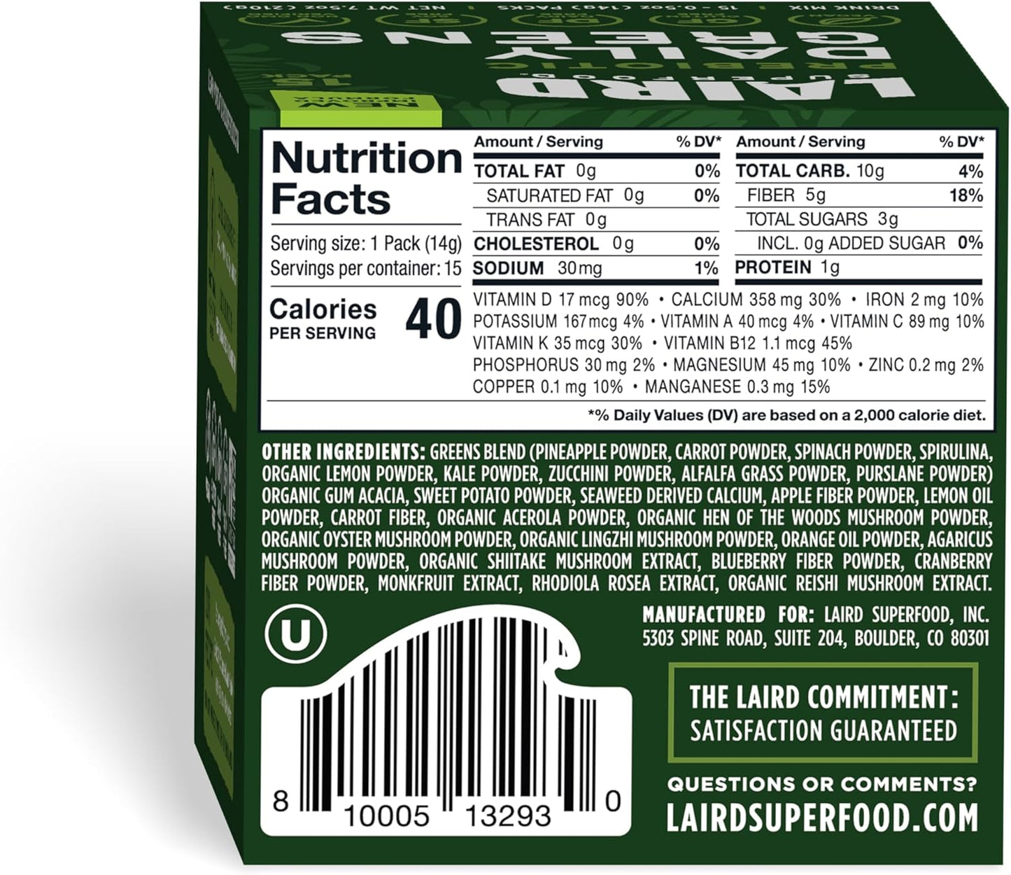 Laird Superfood Prebiotic Greens Powder Sachets - 15 Pack Single Serve - Essential Nutrients, Fiber, Adaptogens - Gut Health Support - Non-GMO, Vegan