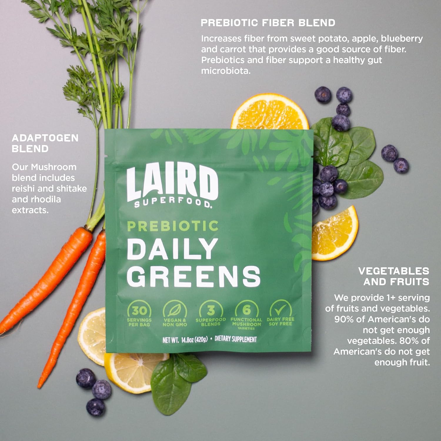 Laird Superfood Prebiotic Greens Powder Sachets - 15 Pack Single Serve - Essential Nutrients, Fiber, Adaptogens - Gut Health Support - Non-GMO, Vegan