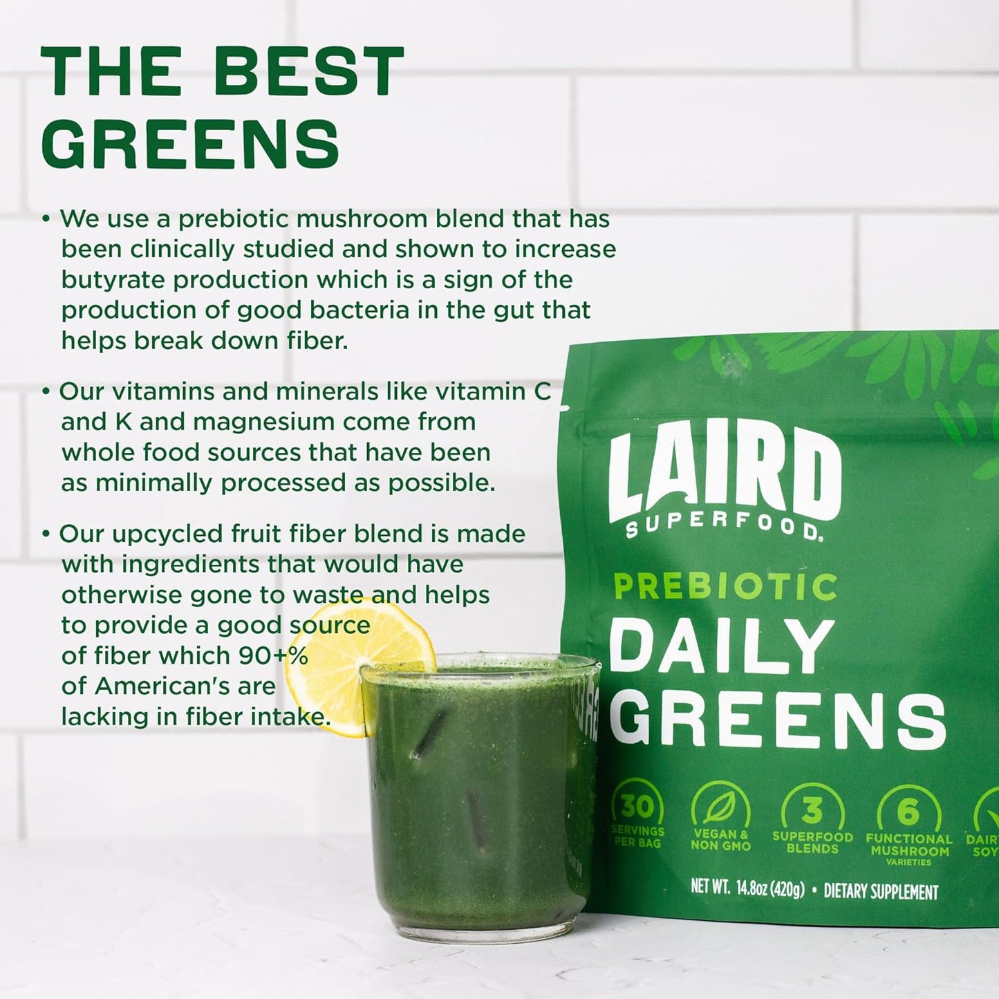 Laird Superfood Prebiotic Greens Powder Sachets - 15 Pack Single Serve - Essential Nutrients, Fiber, Adaptogens - Gut Health Support - Non-GMO, Vegan