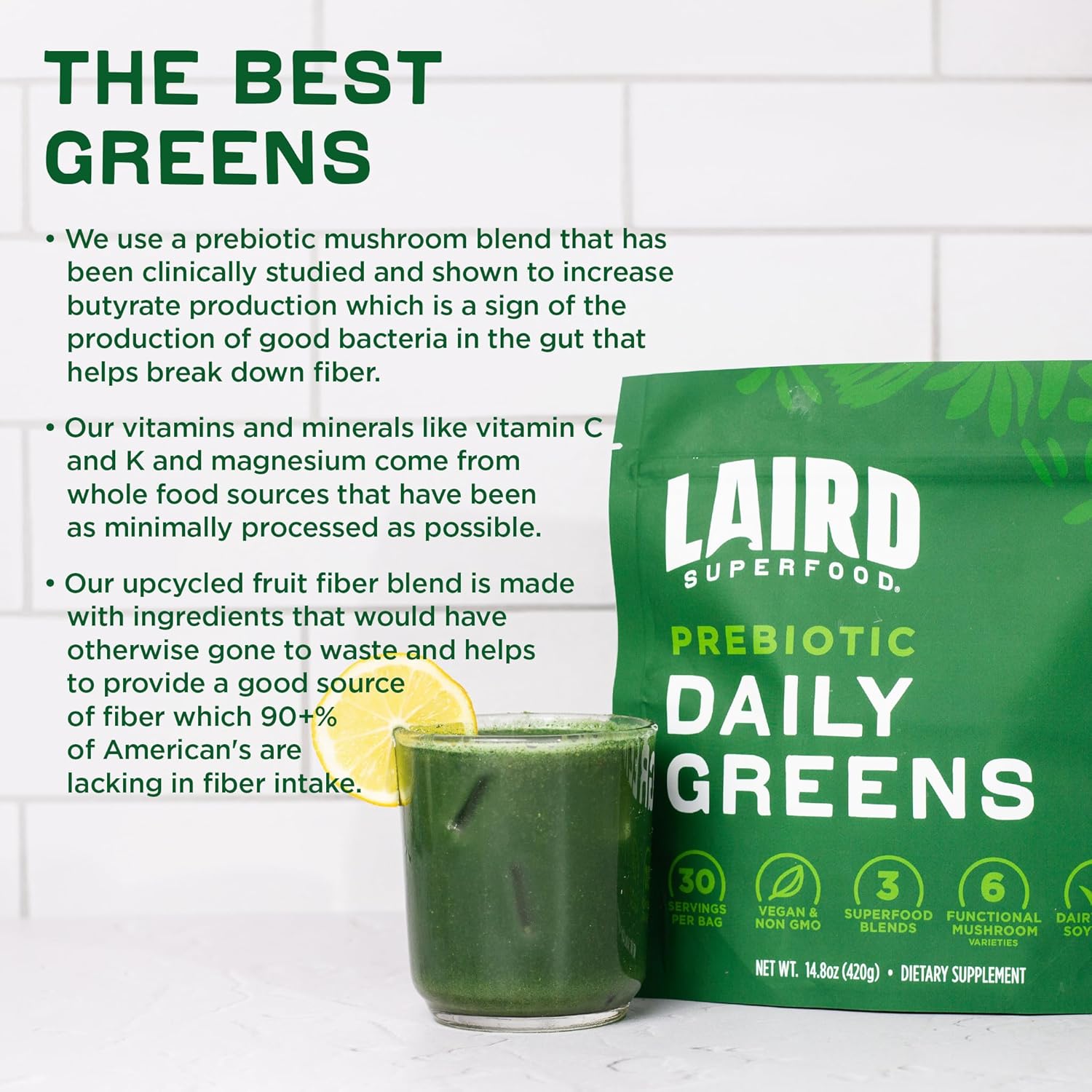 Laird Superfood Prebiotic Greens Powder Sachets - 15 Pack Single Serve - Essential Nutrients, Fiber, Adaptogens - Gut Health Support - Non-GMO, Vegan