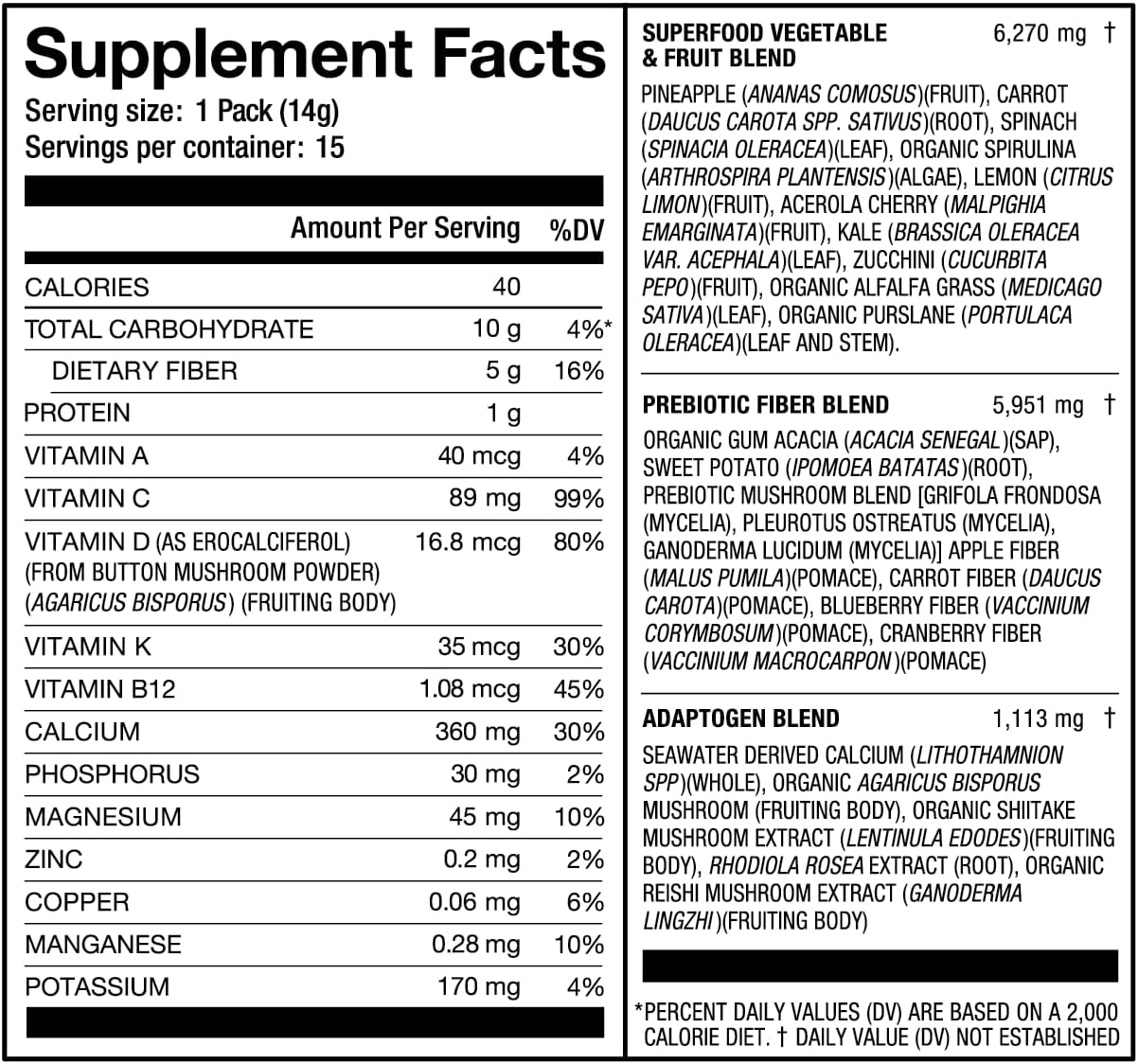 Laird Superfood Prebiotic Greens Powder Sachets - 15 Pack Single Serve - Essential Nutrients, Fiber, Adaptogens - Gut Health Support - Non-GMO, Vegan